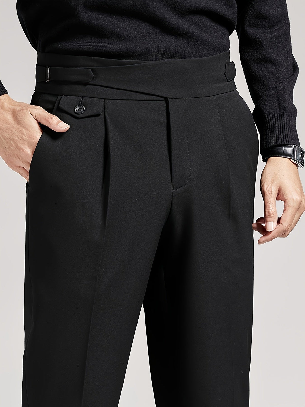 Men's High-Waisted Pleated Trousers with Side Adjusters