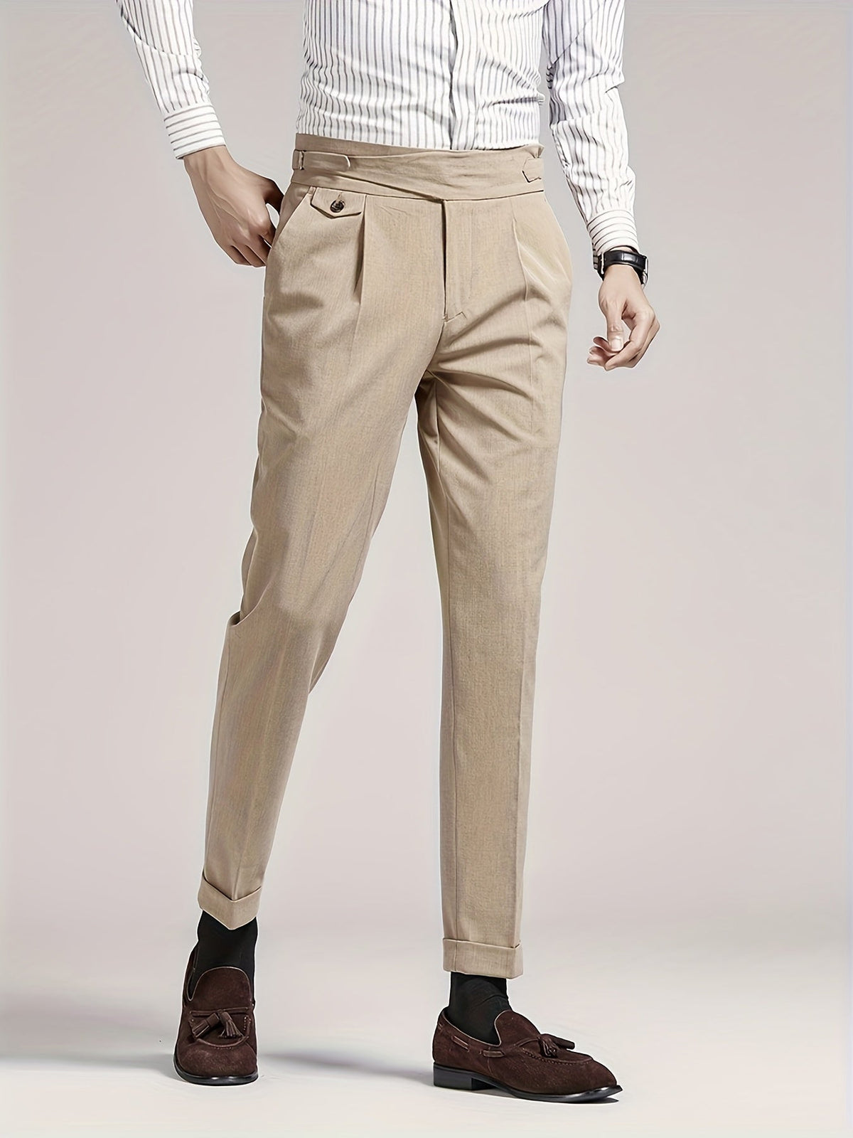 Men's High-Waisted Pleated Trousers with Side Adjusters