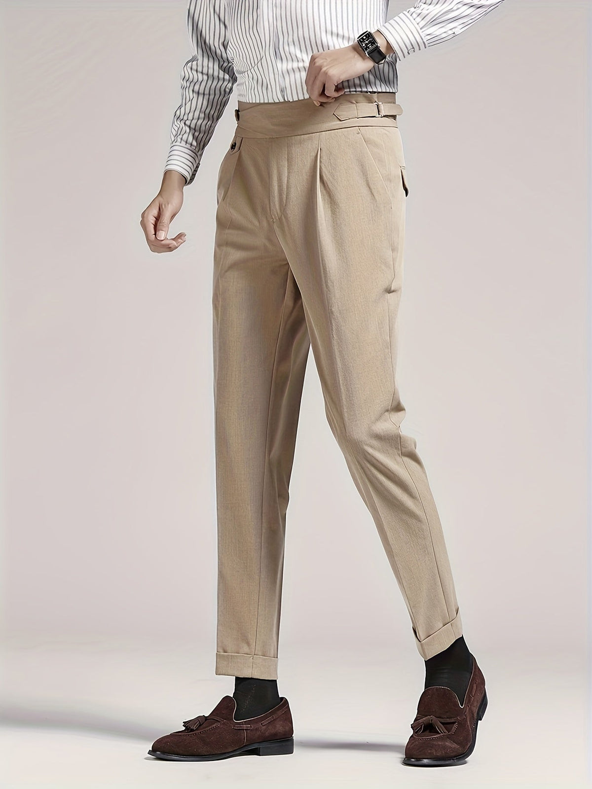 Men's High-Waisted Pleated Trousers with Side Adjusters