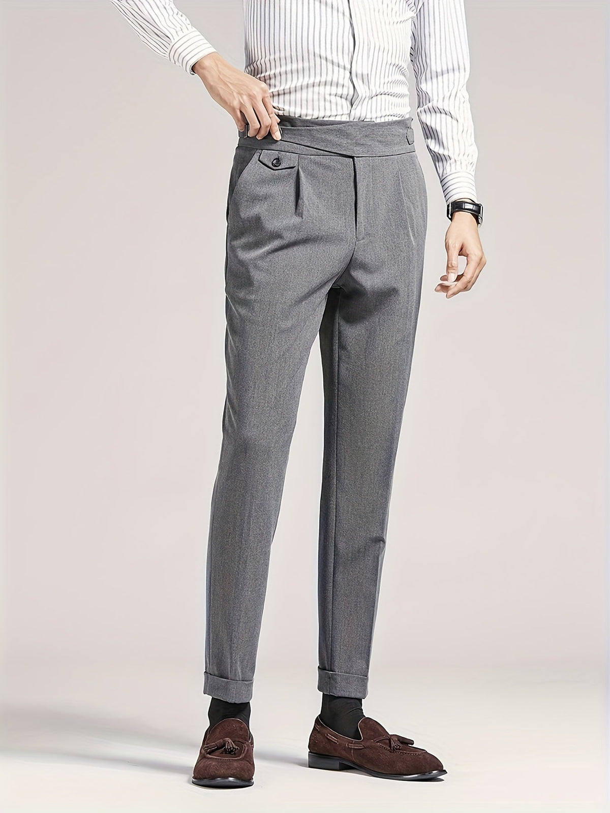 Men's High-Waisted Pleated Trousers with Side Adjusters