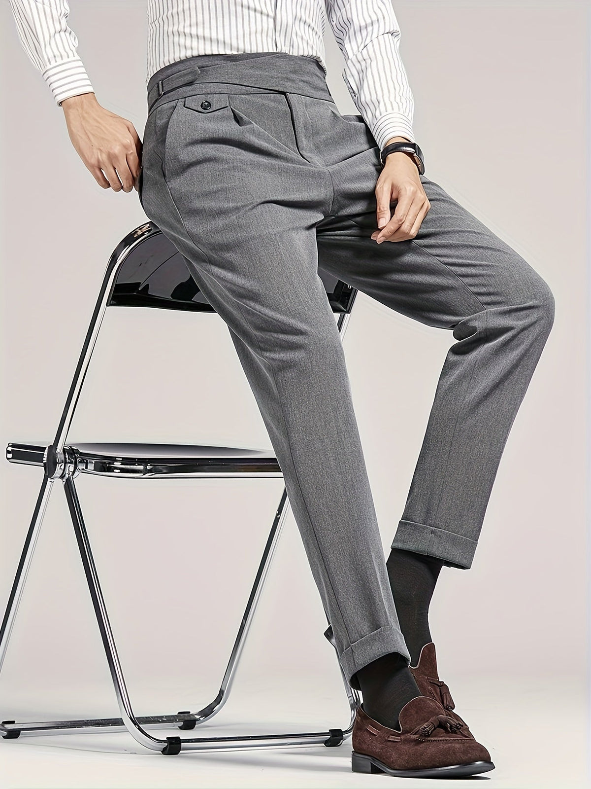 Men's High-Waisted Pleated Trousers with Side Adjusters