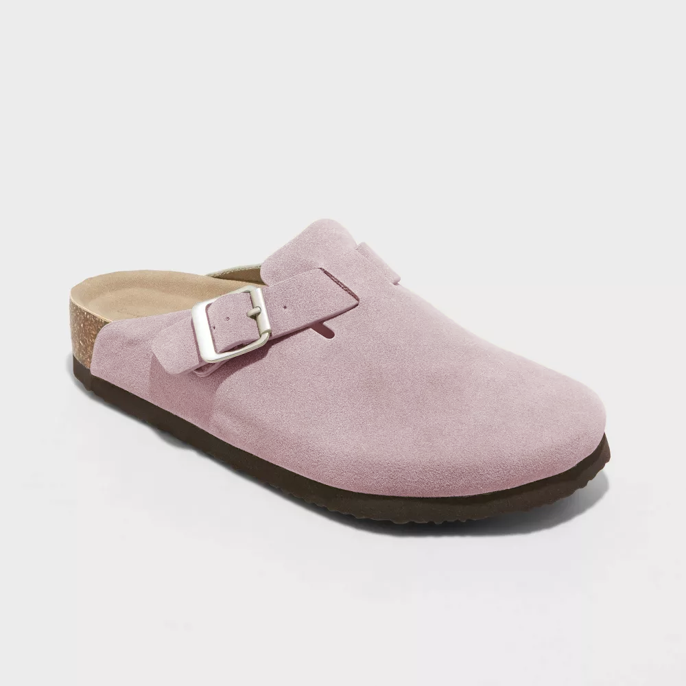 Suede Clogs with Buckle Strap and Cork Sole