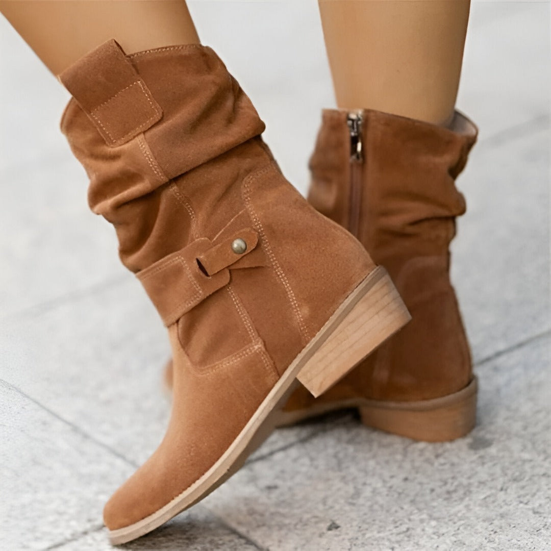 Suede Ankle Boots with Slouch Shaft and Buckle Strap
