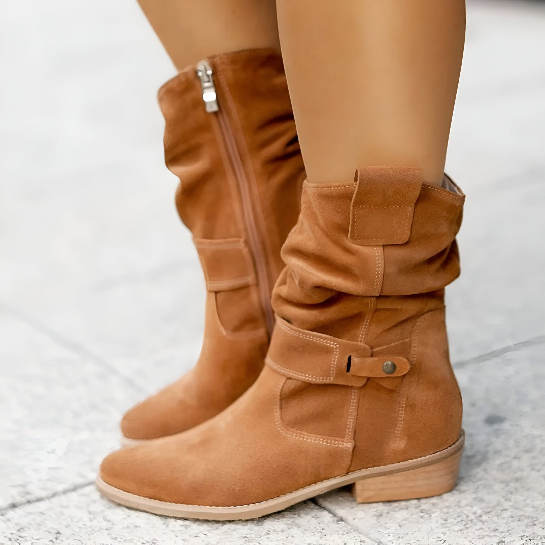 Suede Ankle Boots with Slouch Shaft and Buckle Strap