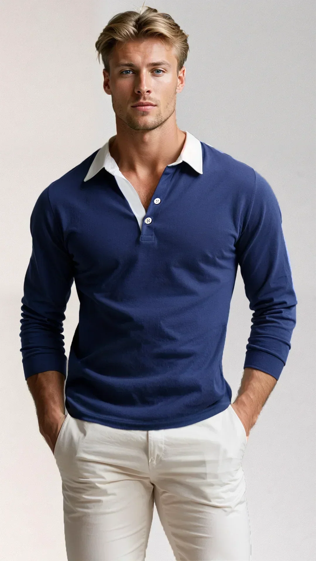 Polo homme à manches longues et col contrastant
