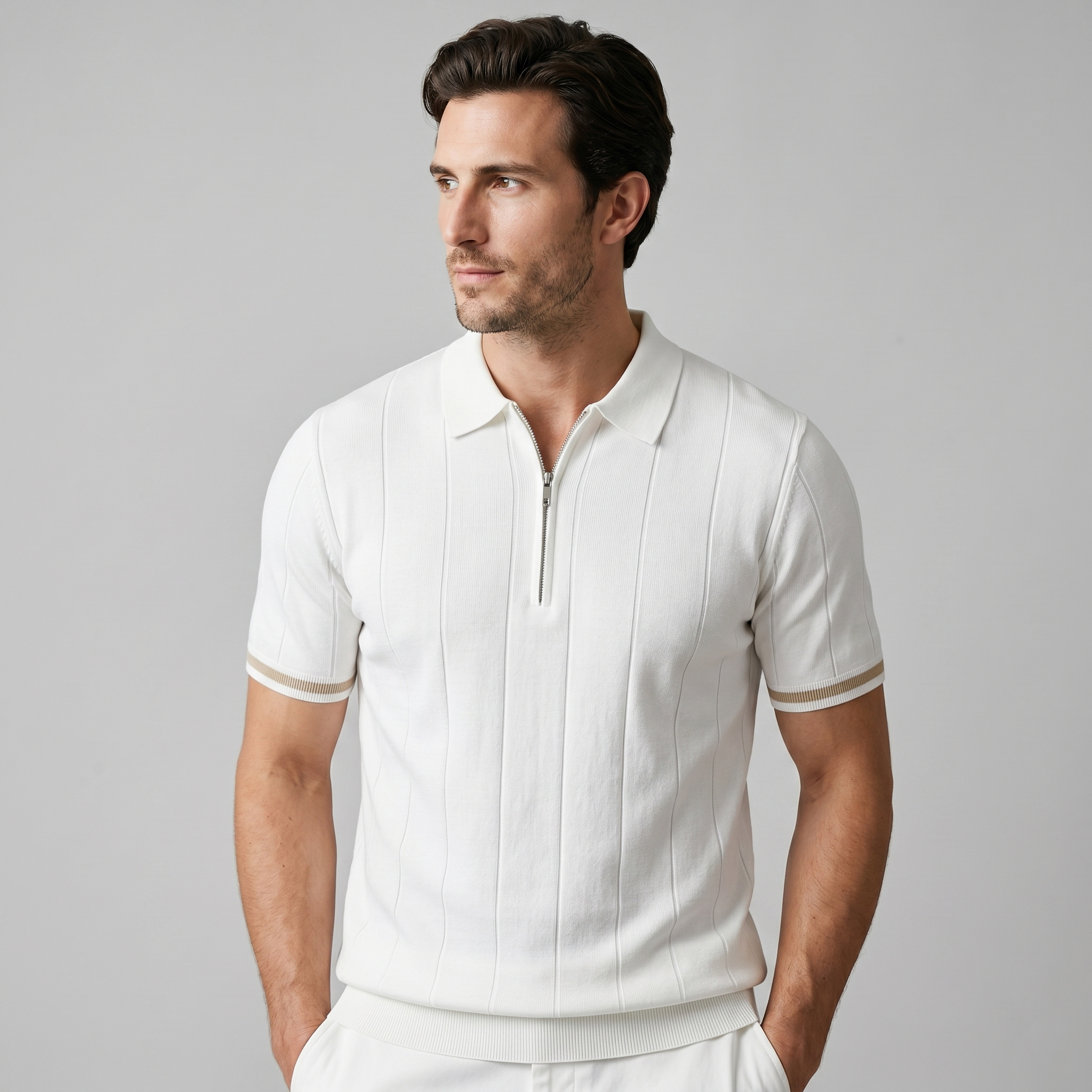Men's Ribbed Quarter-Zip Polo Shirt with Contrast Trim