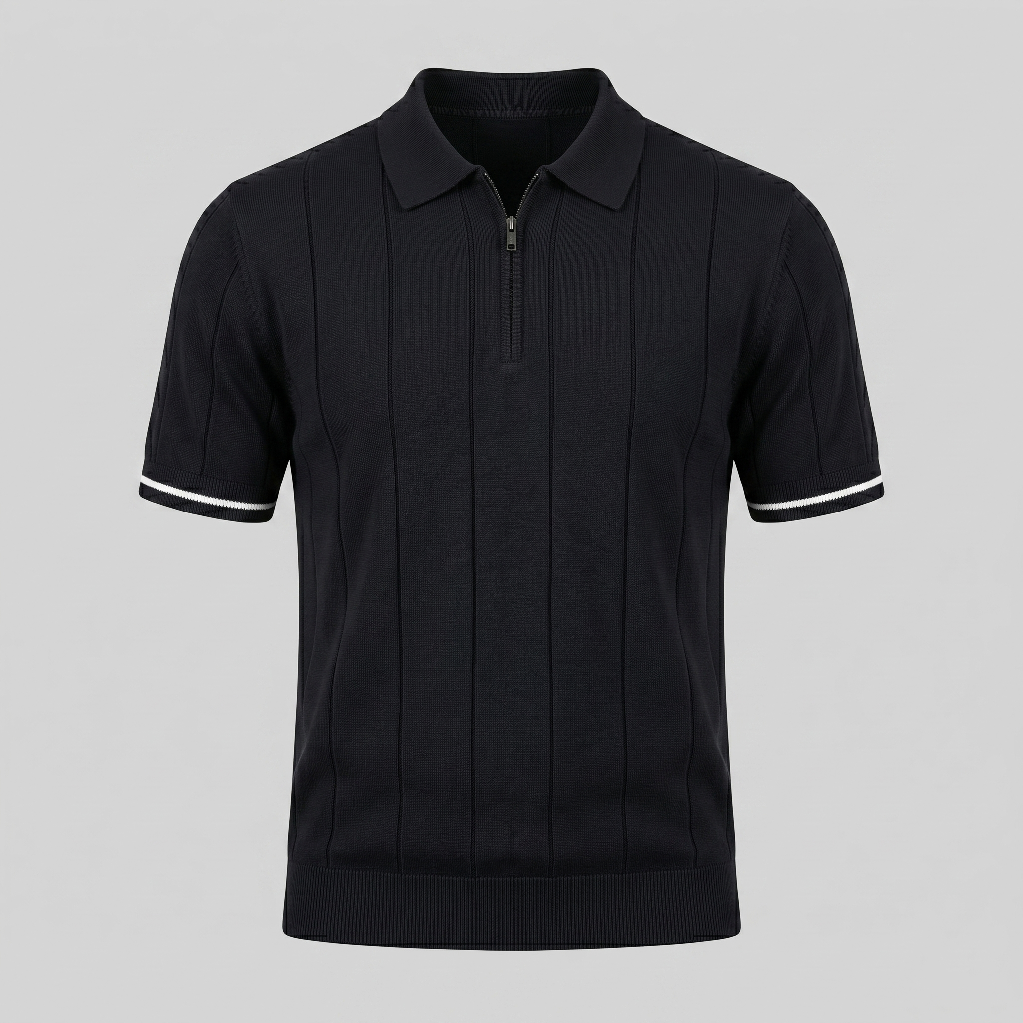 Men's Ribbed Quarter-Zip Polo Shirt with Contrast Trim