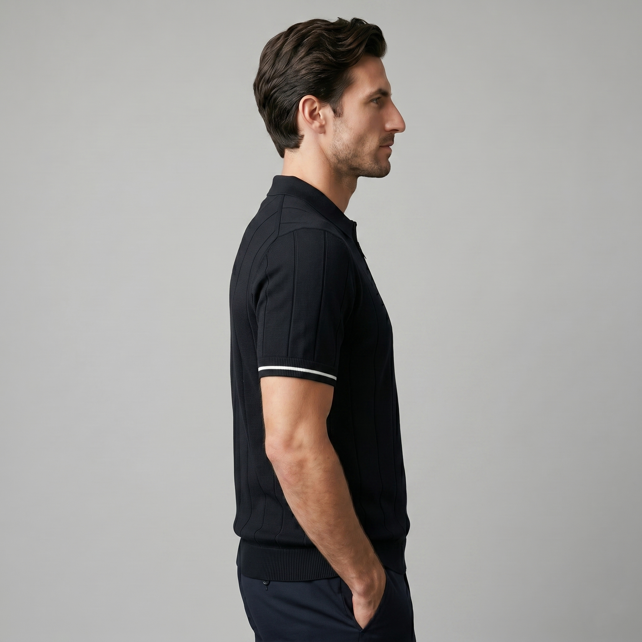 Men's Ribbed Quarter-Zip Polo Shirt with Contrast Trim