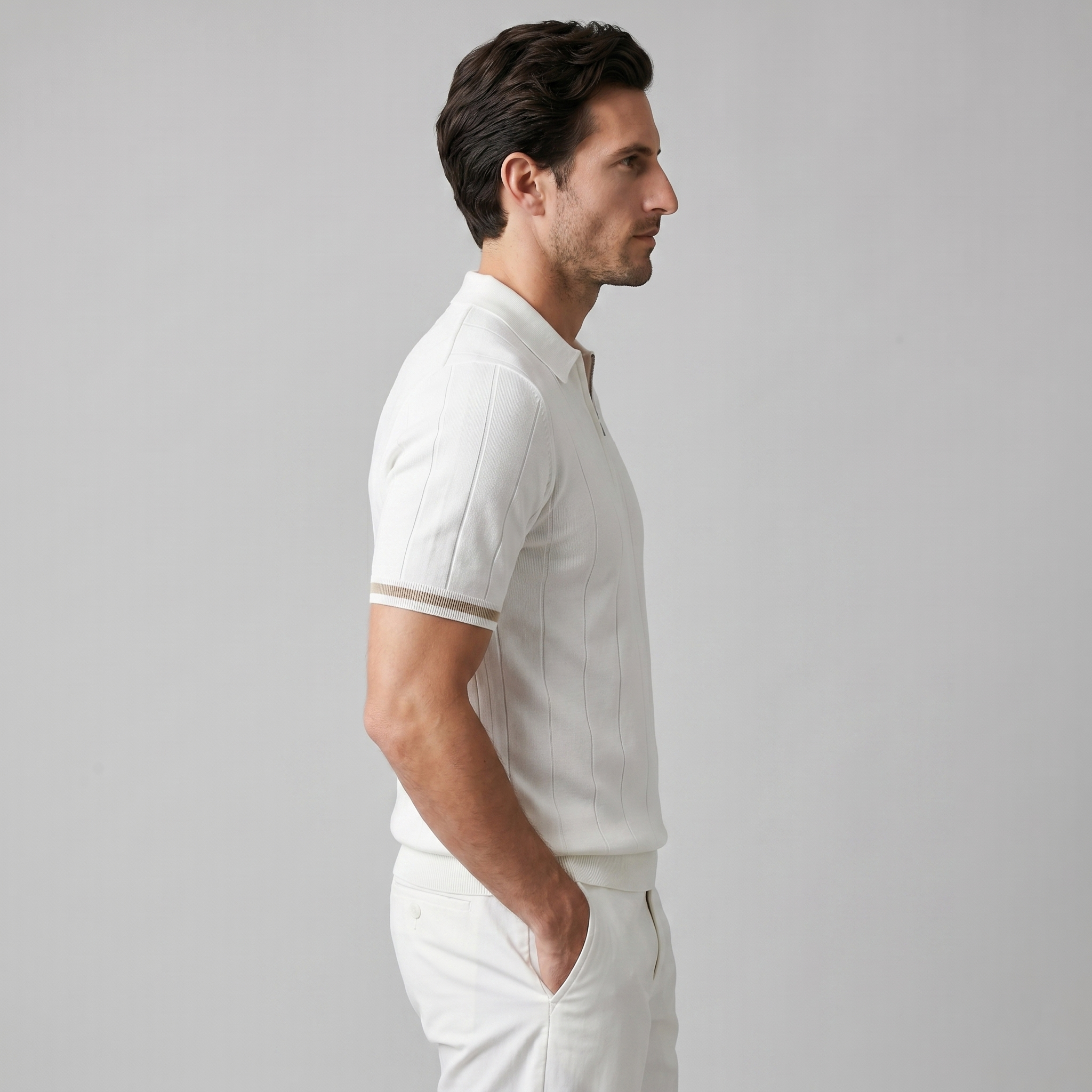 Men's Ribbed Quarter-Zip Polo Shirt with Contrast Trim