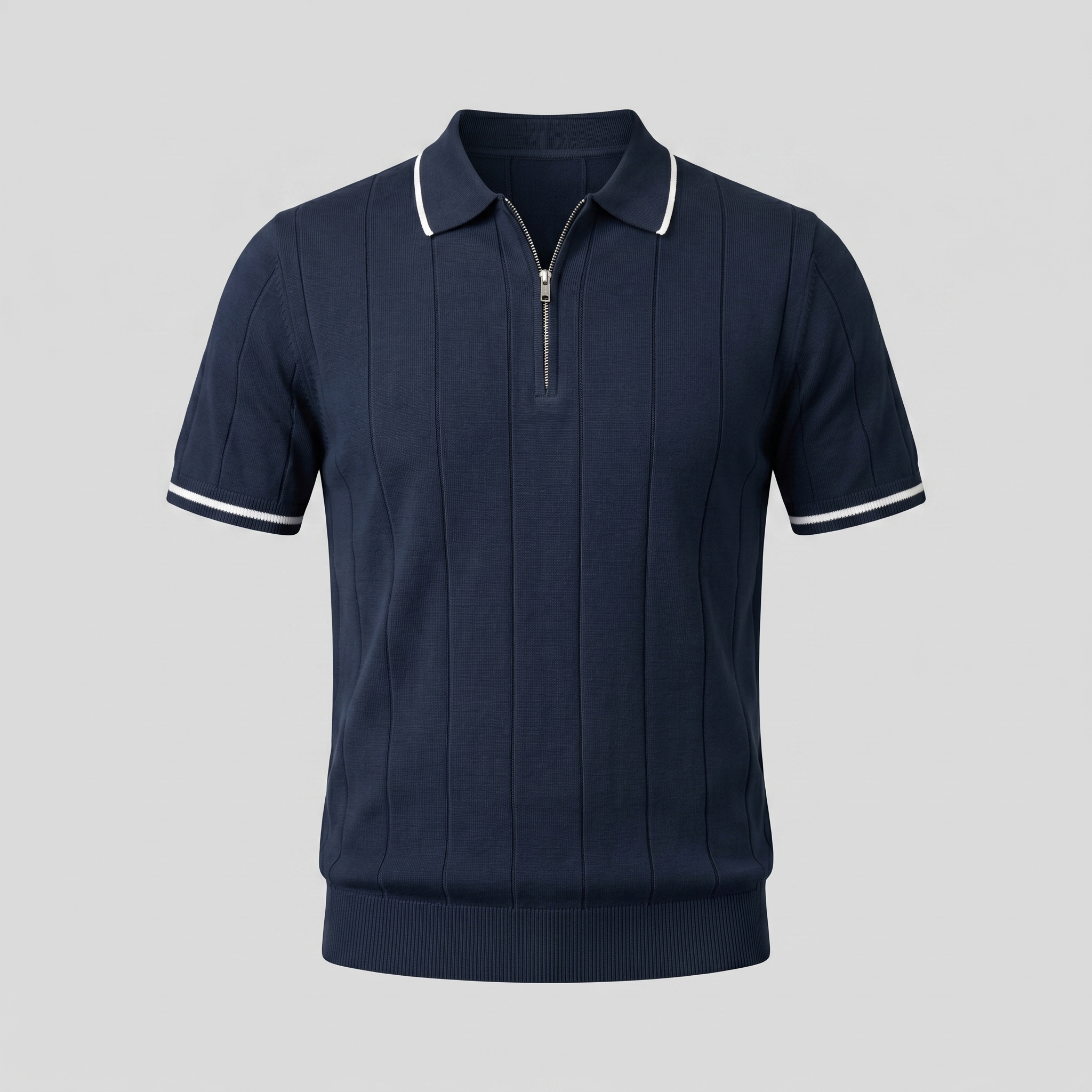 Men's Ribbed Quarter-Zip Polo Shirt with Contrast Trim