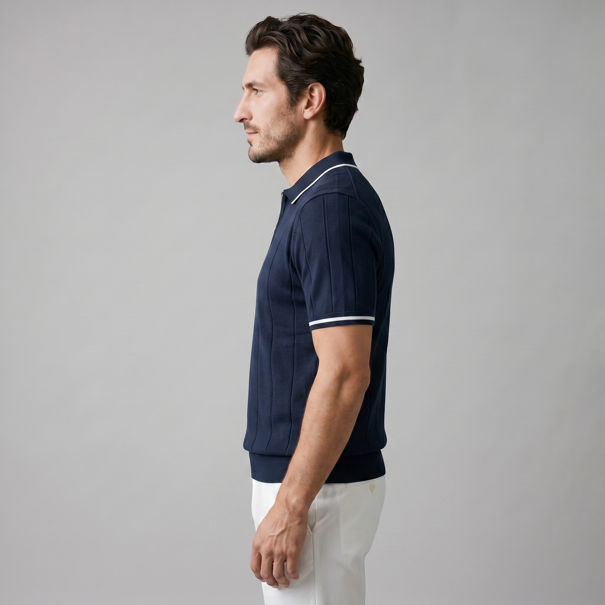 Men's Ribbed Quarter-Zip Polo Shirt with Contrast Trim