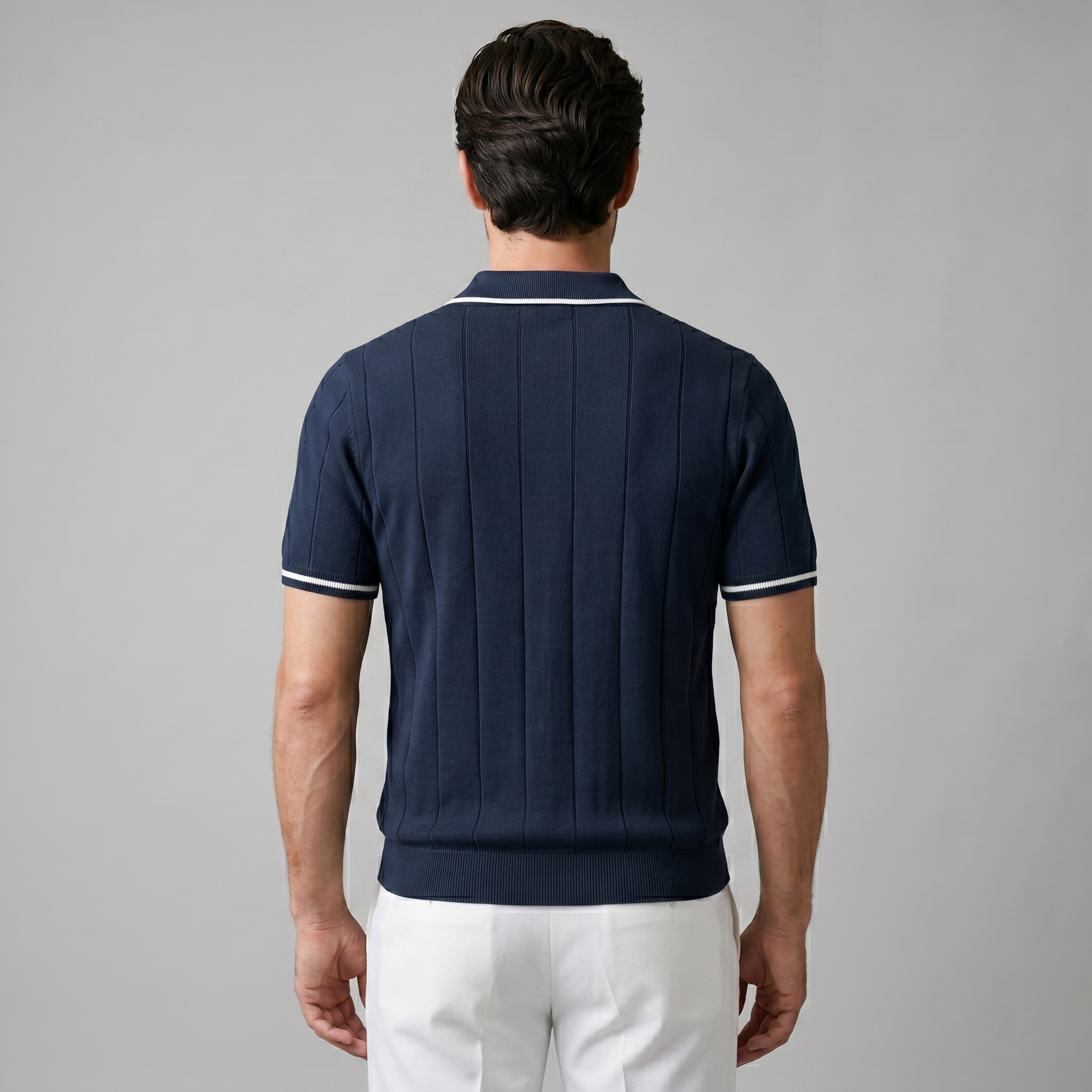 Men's Ribbed Quarter-Zip Polo Shirt with Contrast Trim