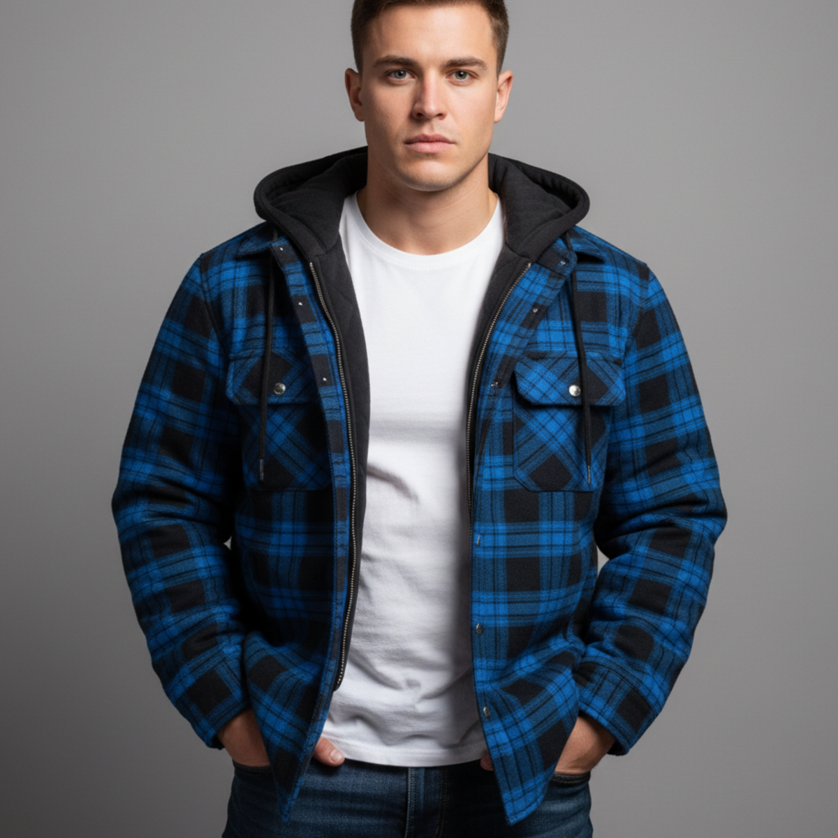 Men's Hooded Flannel Jacket with Quilted Lining