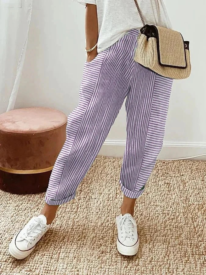 Striped Trousers in Cotton with Elastic Waist