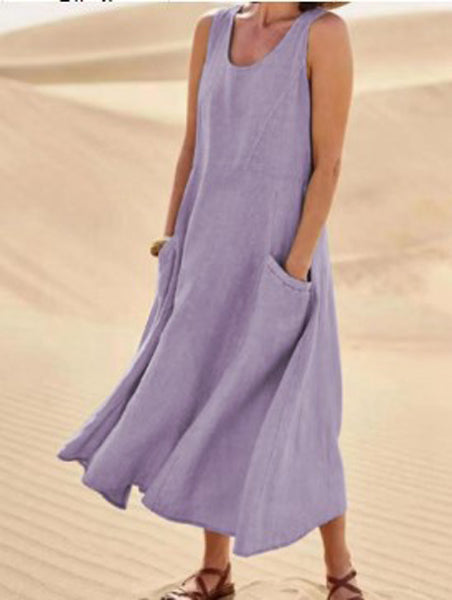 Sleeveless Midi Dress with Side Pockets and A-Line Fit