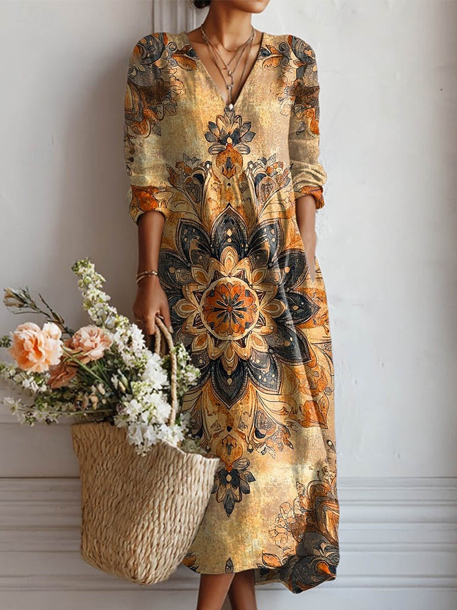 Floral Print Midi Dress with V-Neckline