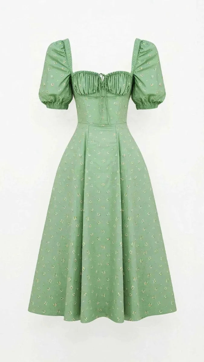 Women's Square Neck Midi Dress with Puff Sleeves