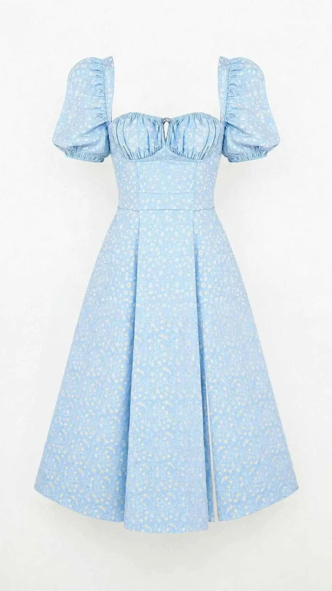 Women's Square Neck Midi Dress with Puff Sleeves