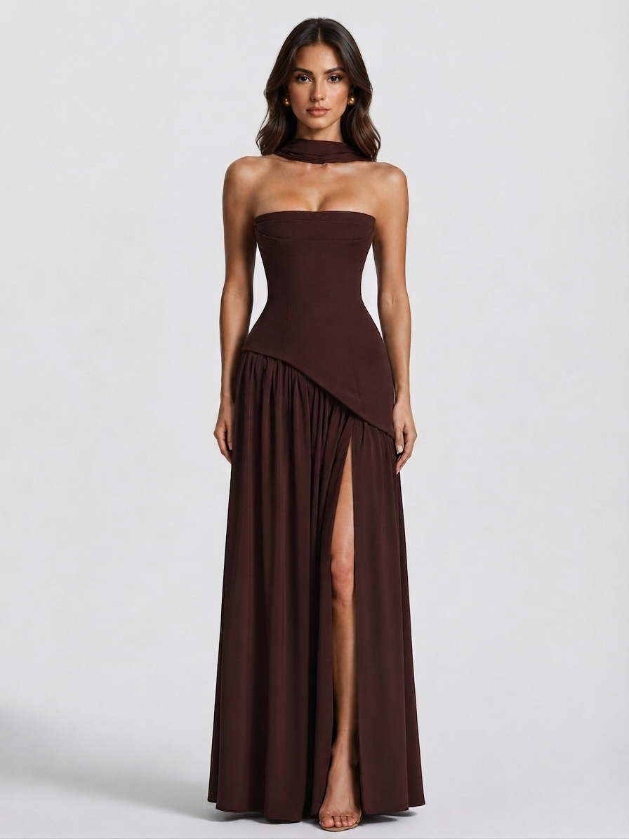 Robe longue corset pour femme à fente haute | Robe de soirée sans manches