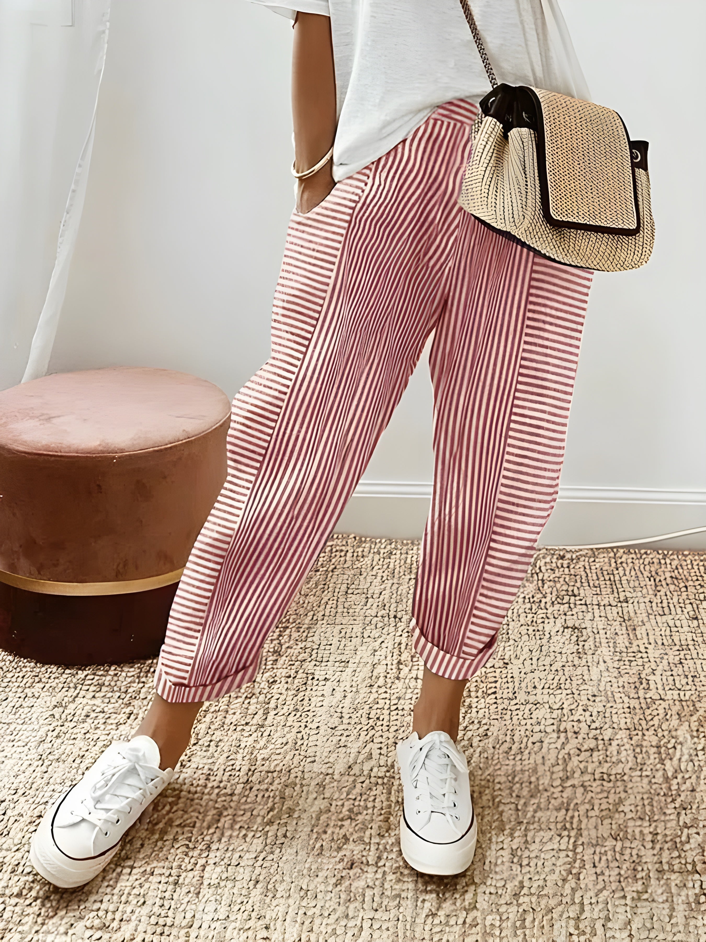 Striped Trousers in Cotton with Elastic Waist