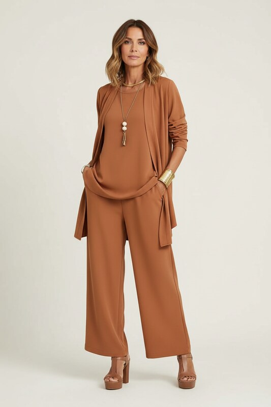 Women's Three-Piece Wide-Leg Trouser and Cardigan Set