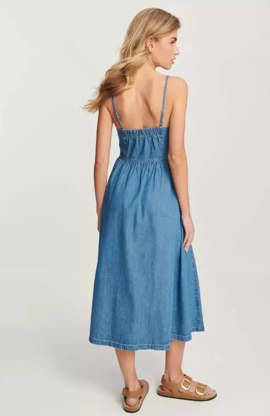 Denim Midi Dress with Button-Front Detail and Thin Straps