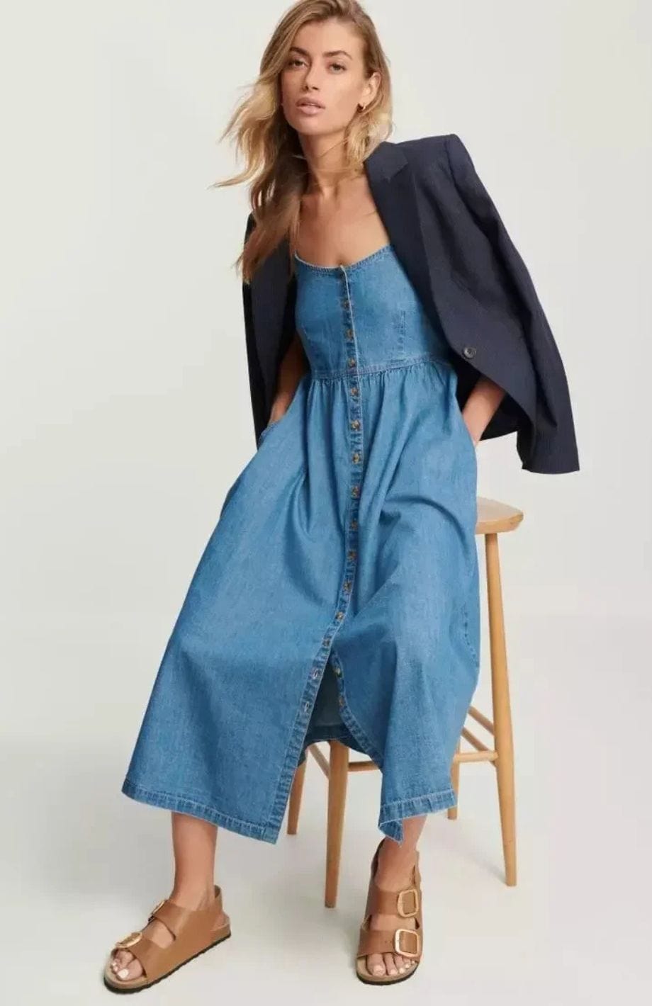 Denim Midi Dress with Button-Front Detail and Thin Straps
