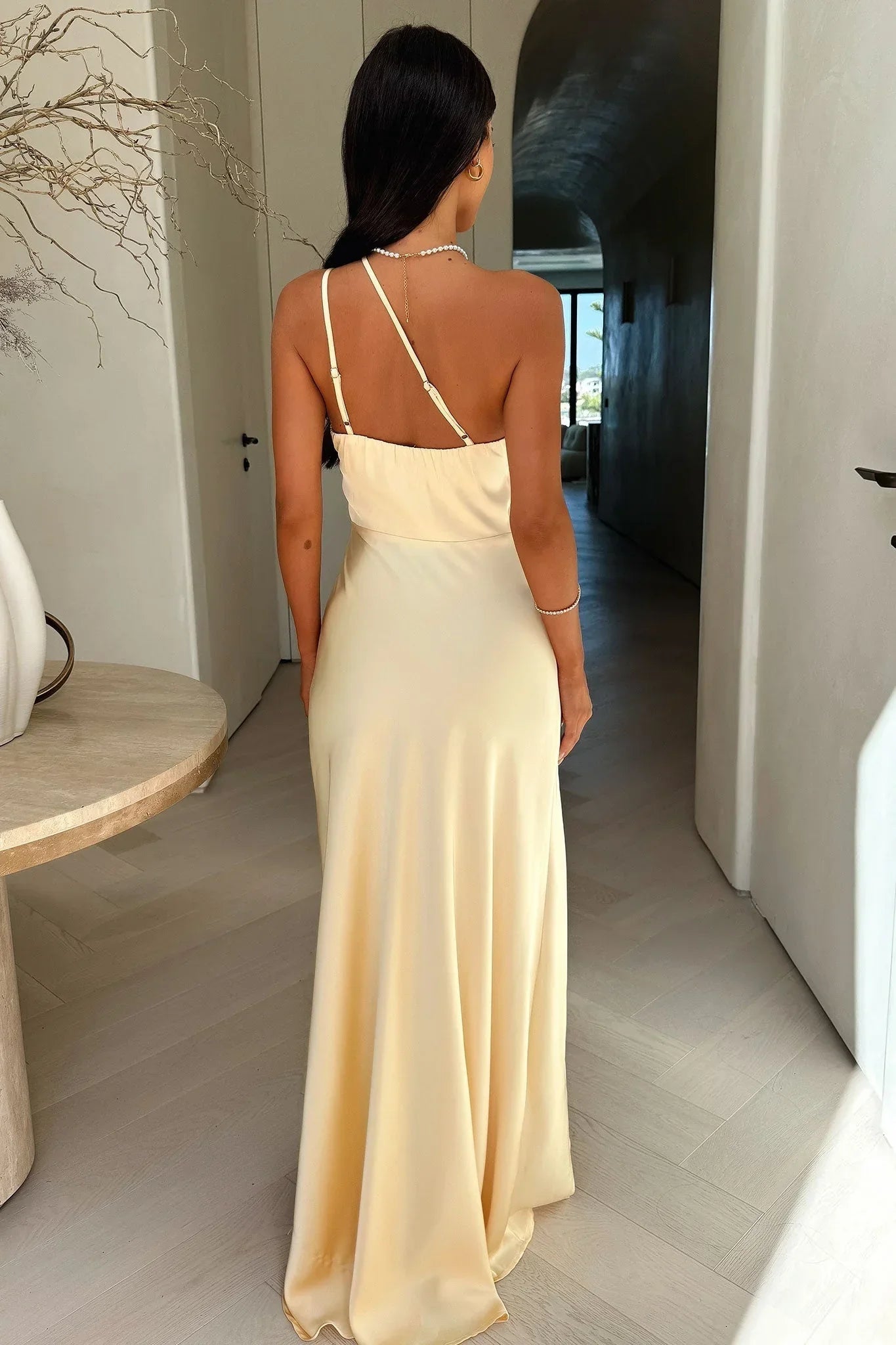 One-Shoulder Satin Evening Dress with Thigh Slit