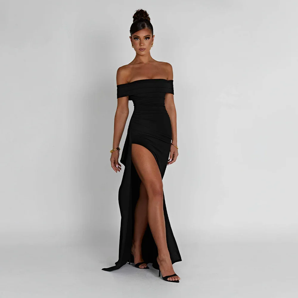 Women's Off Shoulder Maxi Dress with Thigh Slit
