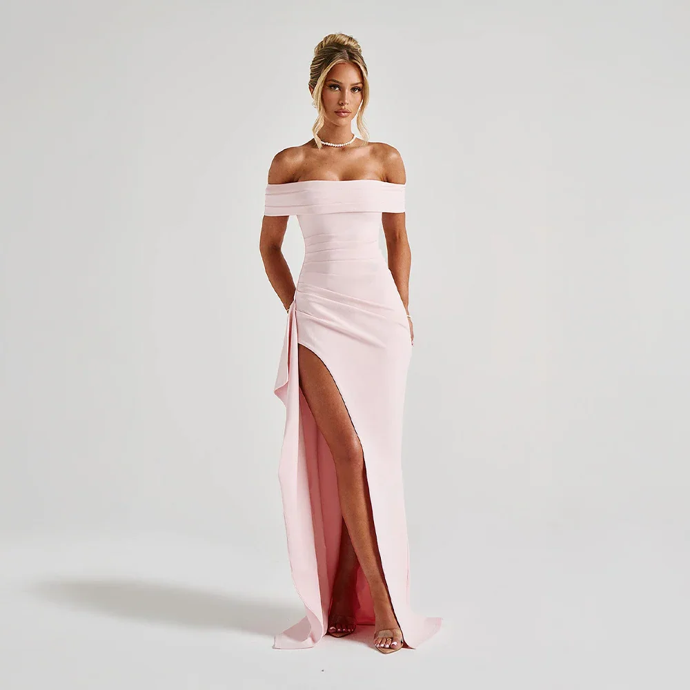 Women's Off Shoulder Maxi Dress with Thigh Slit