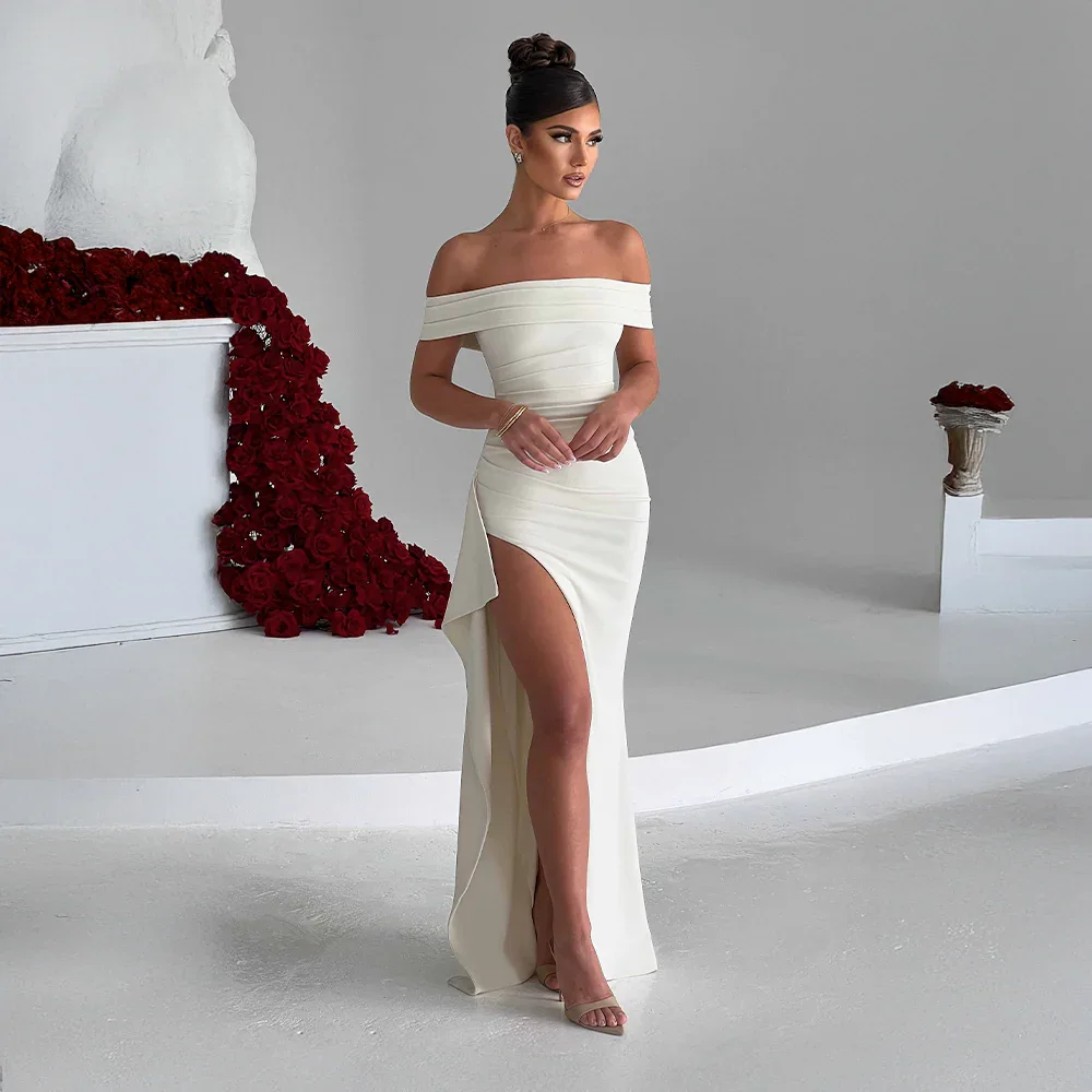 Women's Off Shoulder Maxi Dress with Thigh Slit
