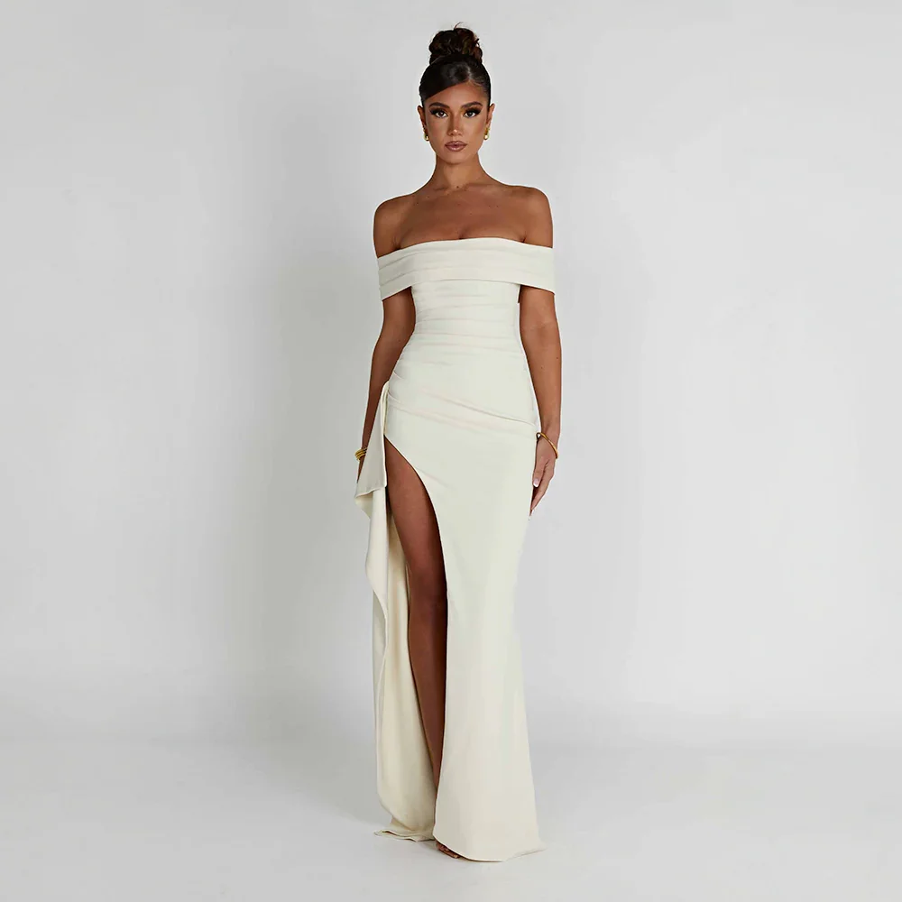 Women's Off Shoulder Maxi Dress with Thigh Slit