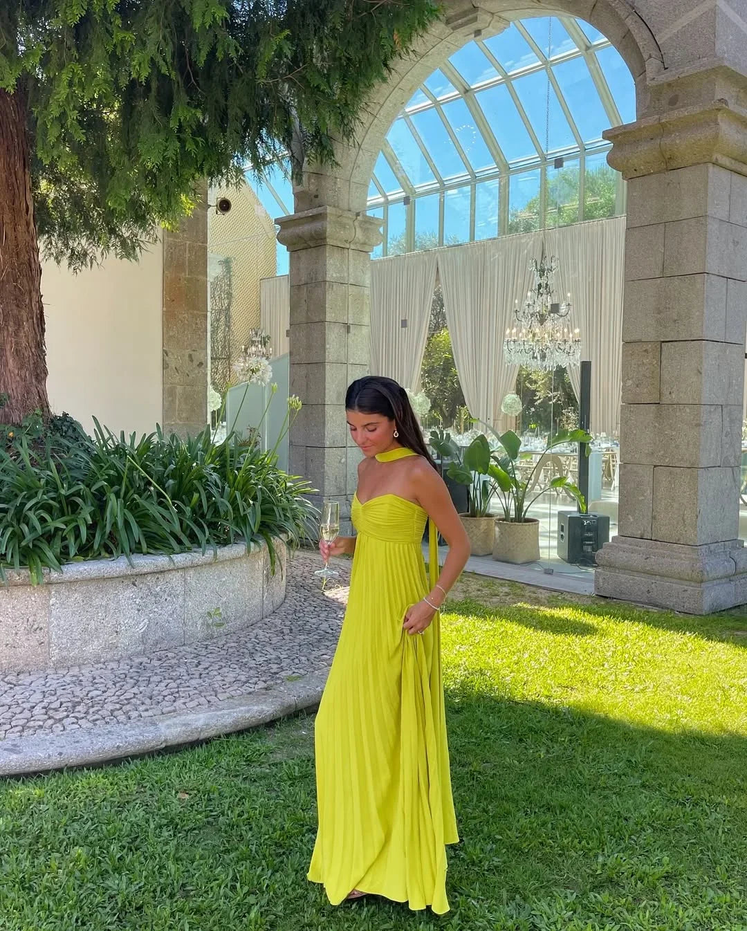 Pleated Halter Maxi Dress with Empire Waist
