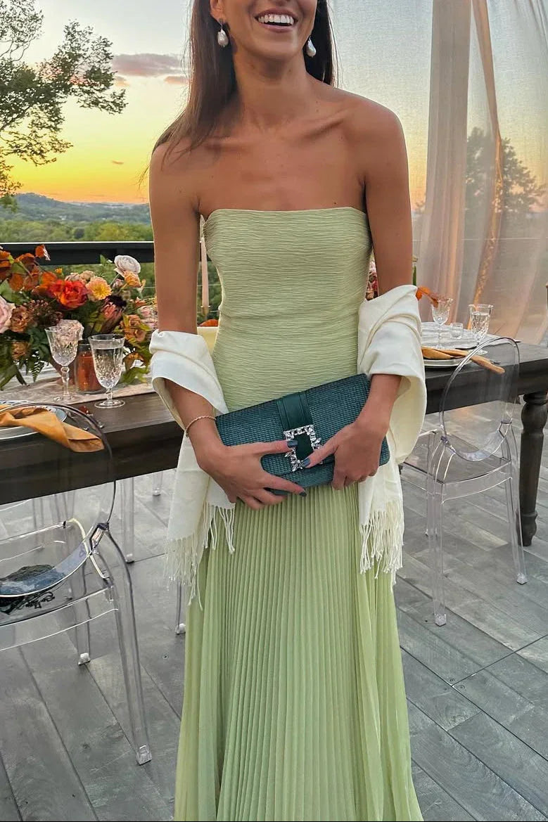 Strapless Pleated Maxi Dress with Fitted Bodice