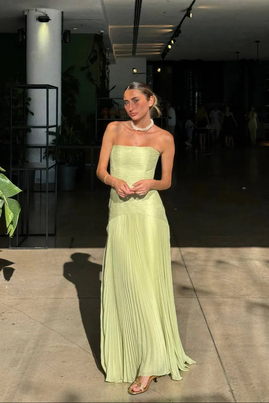Strapless Pleated Maxi Dress with Fitted Bodice