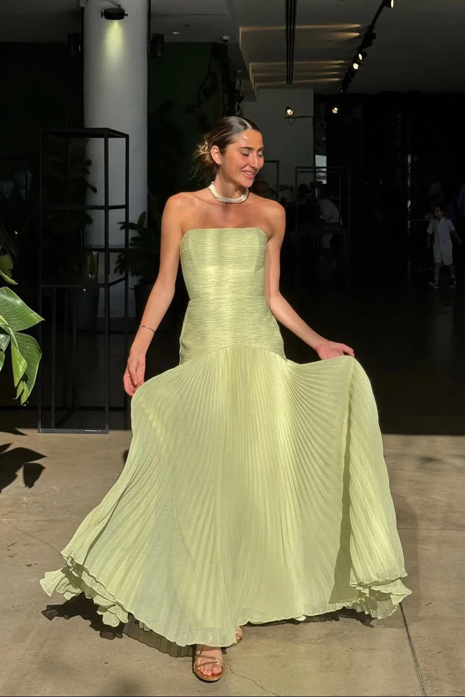 Strapless Pleated Maxi Dress with Fitted Bodice
