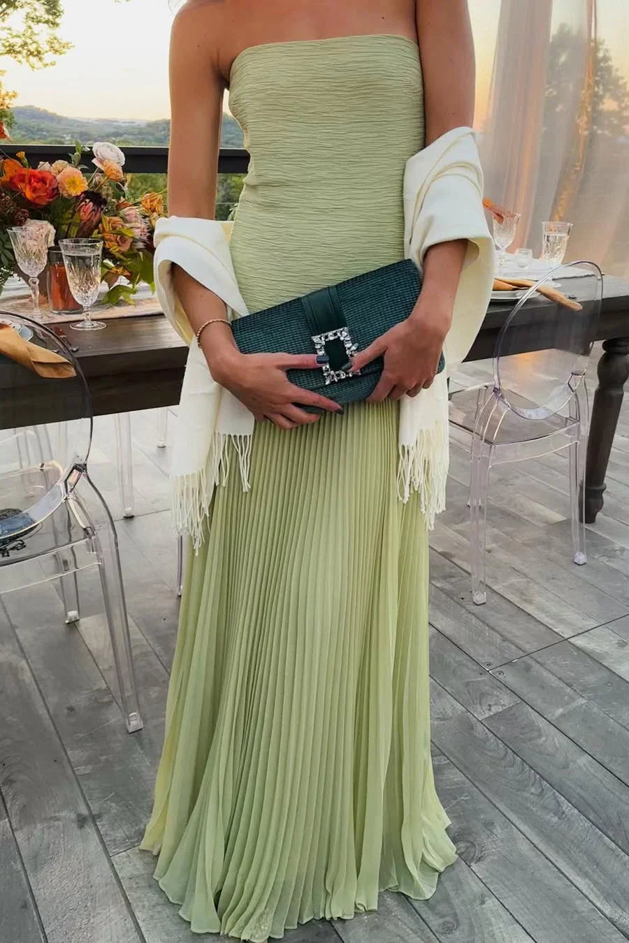 Strapless Pleated Maxi Dress with Fitted Bodice