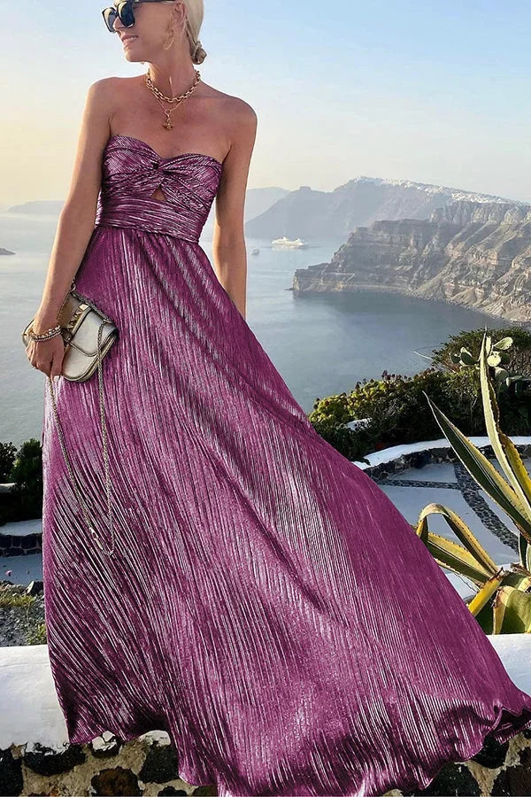 Strapless Metallic Maxi Dress with Twist Front Cutout