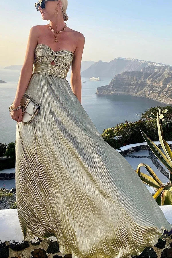Strapless Metallic Maxi Dress with Twist Front Cutout