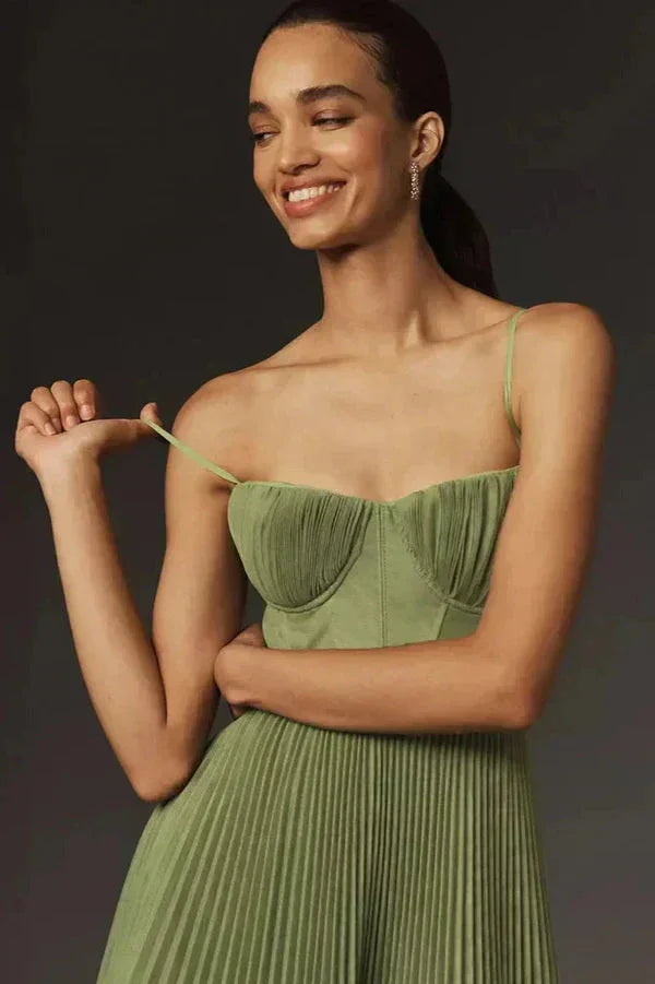 Pleated Corset Midi Dress with Thin Straps