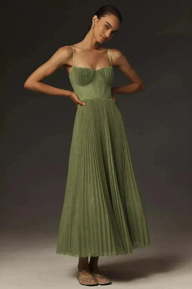 Pleated Corset Midi Dress with Thin Straps