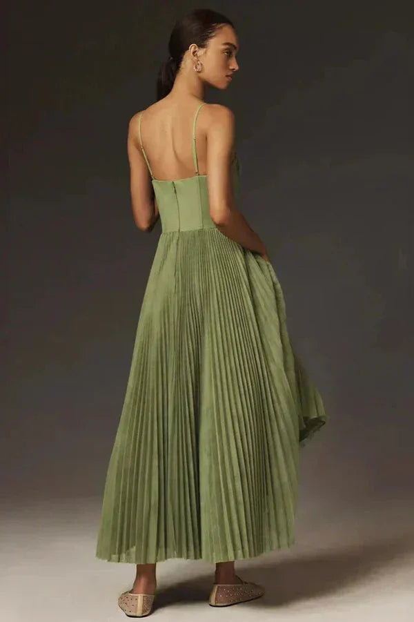 Pleated Corset Midi Dress with Thin Straps