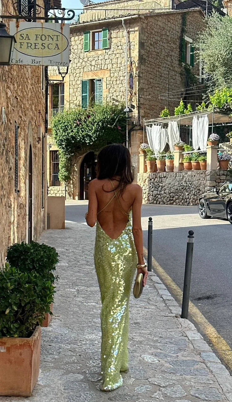 Sequin Maxi Dress with Backless Spaghetti Straps