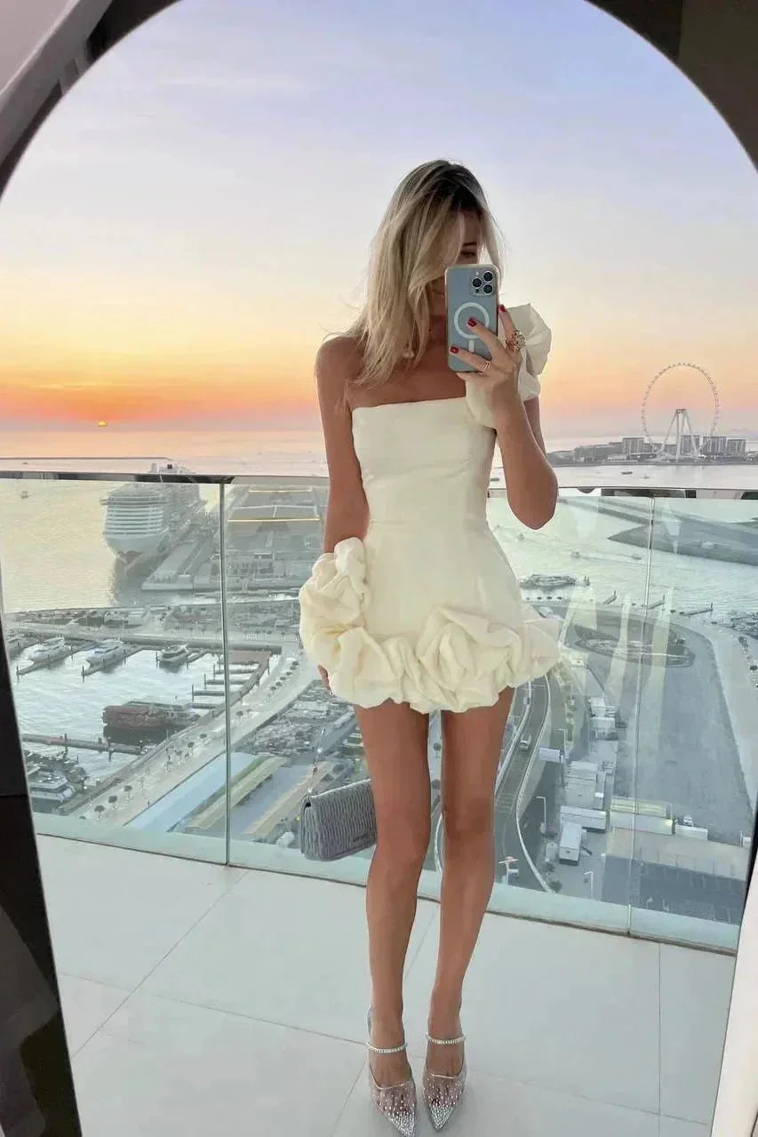 Strapless Mini Dress with Ruffle Rosette Skirt Detail