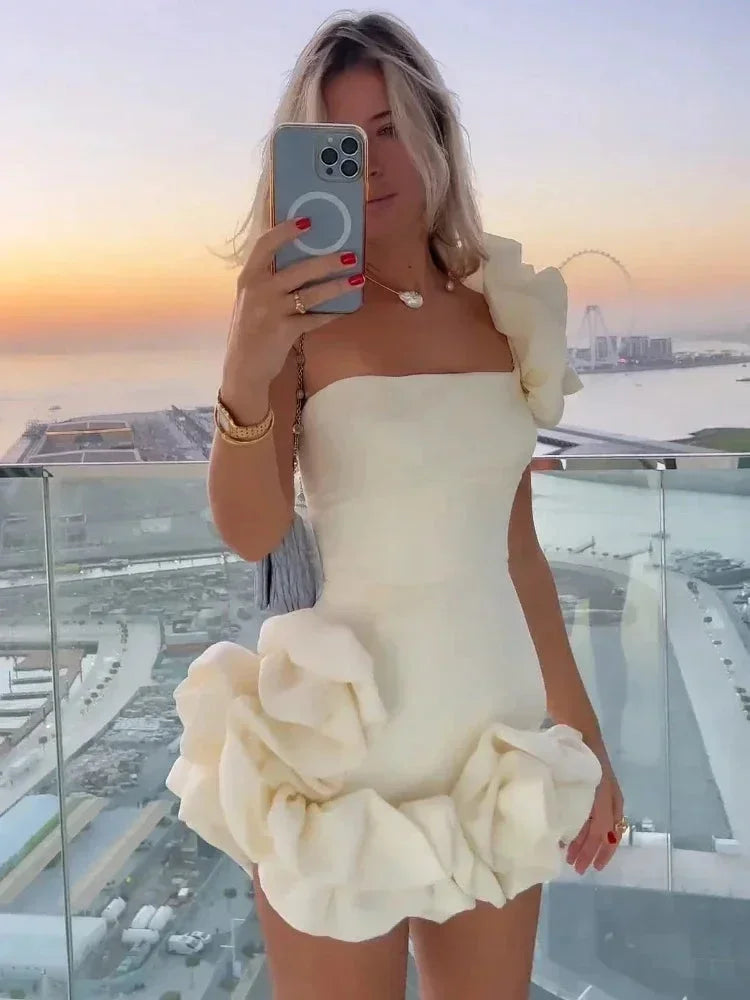 Strapless Mini Dress with Ruffle Rosette Skirt Detail