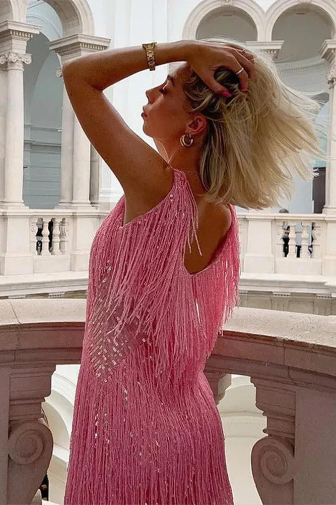 Fringe Sequin Mini Dress with Sleeveless Design