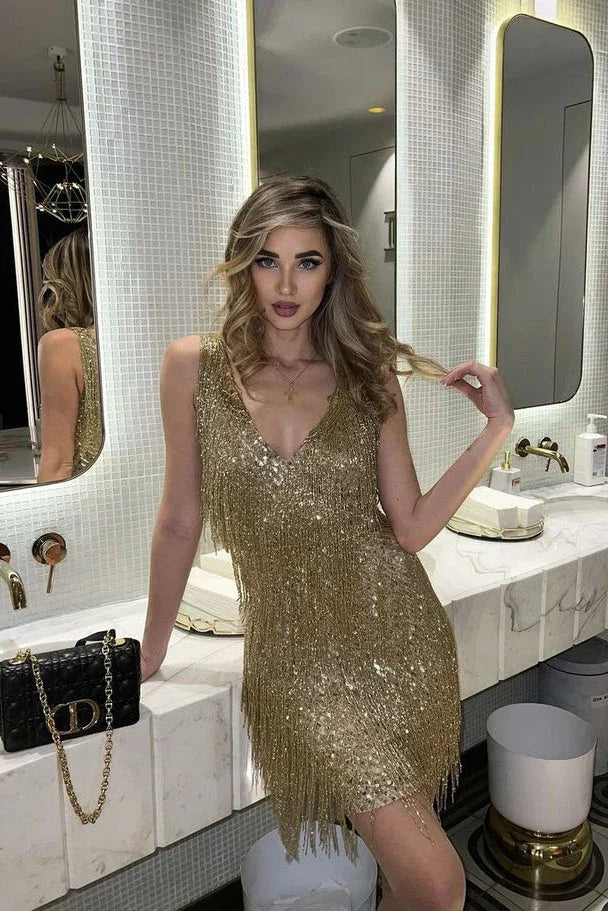Fringe Sequin Mini Dress with Sleeveless Design