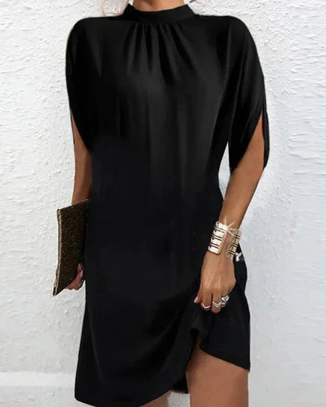 Shift Dress with Mock Neck and Batwing Sleeves