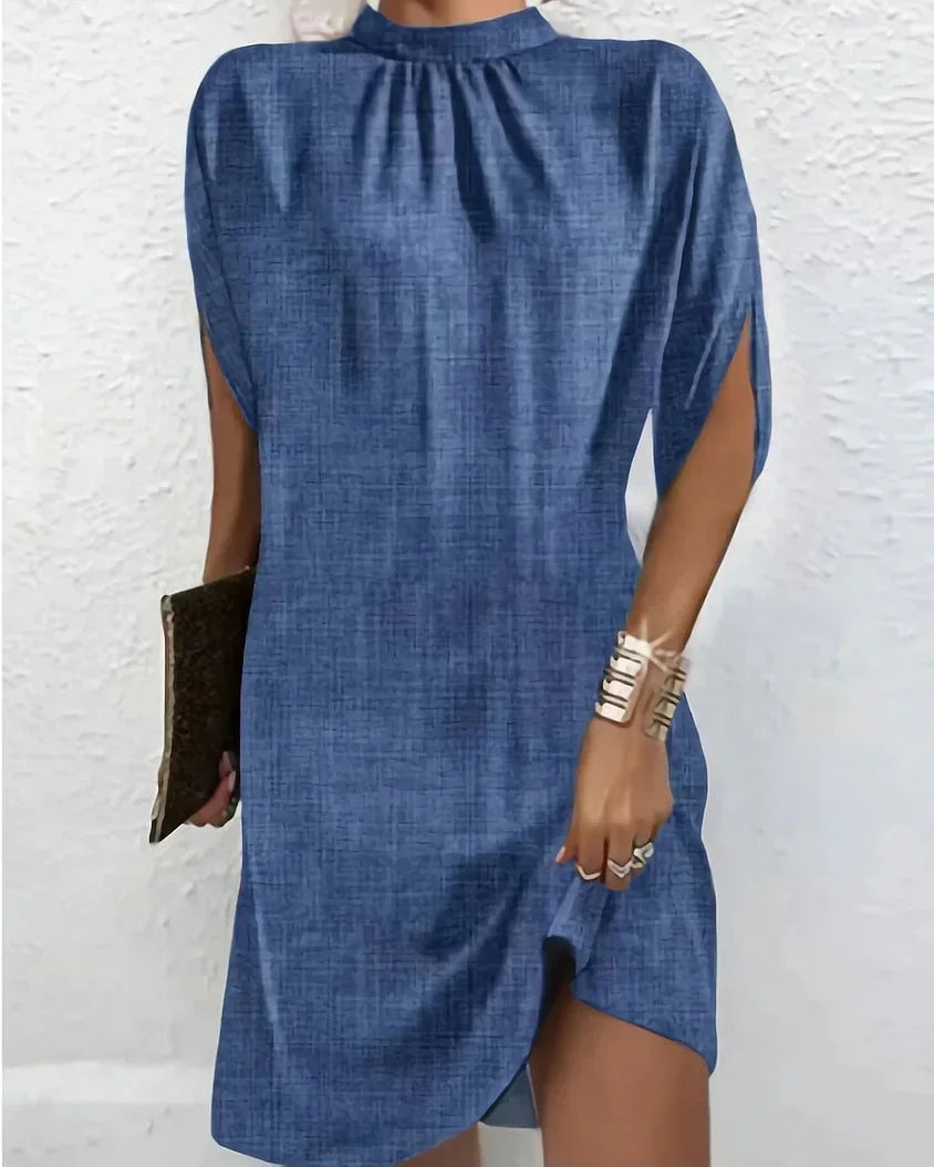 Shift Dress with Mock Neck and Batwing Sleeves