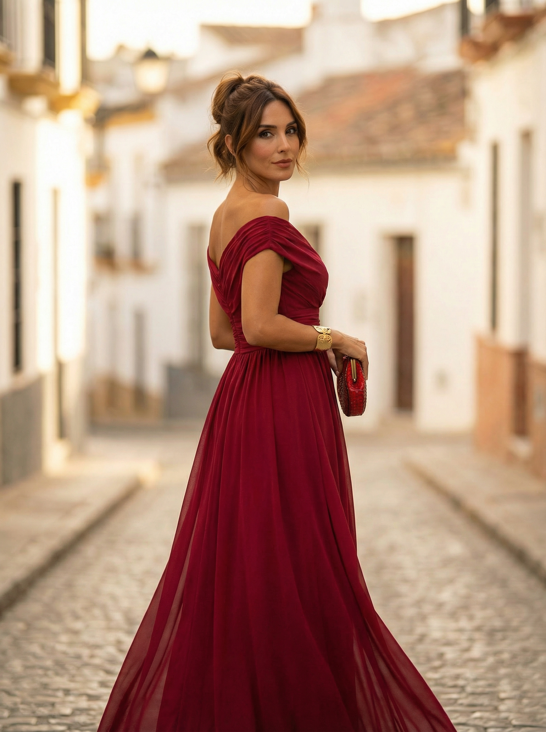 Women's Off-Shoulder Maxi Evening Dress with Tie Waist